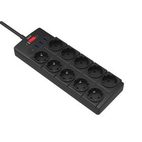 Prelungitor Well, 10 prize 3x USB-A + 1x USB-C, cu protectie la suprasarcina si supratensiune, cablu 3x1.5mmp, 2m