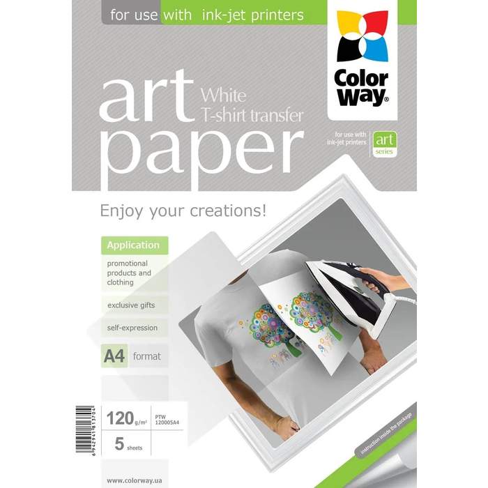 PHP-ART-PTW120005A4-CWY_1_Hartie_foto_ColorWay__transfer_pentru_tricou__alb__A4__5_coli__120g_mp__Seria_Art__PTW120005A4