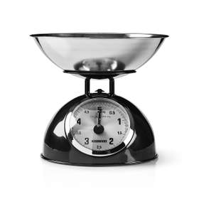 Cântar de bucătărie retro, analogic, carcasă metalică, bol detașabil, max. 5 kg, trepte de 25 de grame, negru