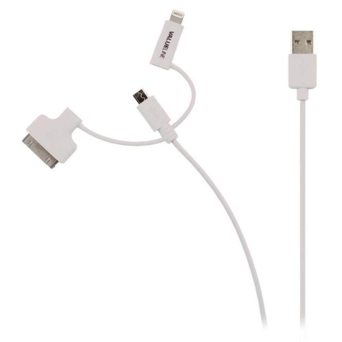 USB-2.0-A-Male--Micro-USB-Male-Cable-with-Lightning-Adapter-and-Apple-Dock-30-pins-1m-white-Valueline-1