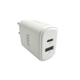 Incarcator retea Well, 1x USB-C PD 20W, 1x USB-A QC3.0 18W, GaN, cutie, alb