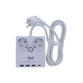 Prelungitor, 2 prize, 2m, 3x USB-A, 1x USB-C, cablu 3x1.5mmp, Well