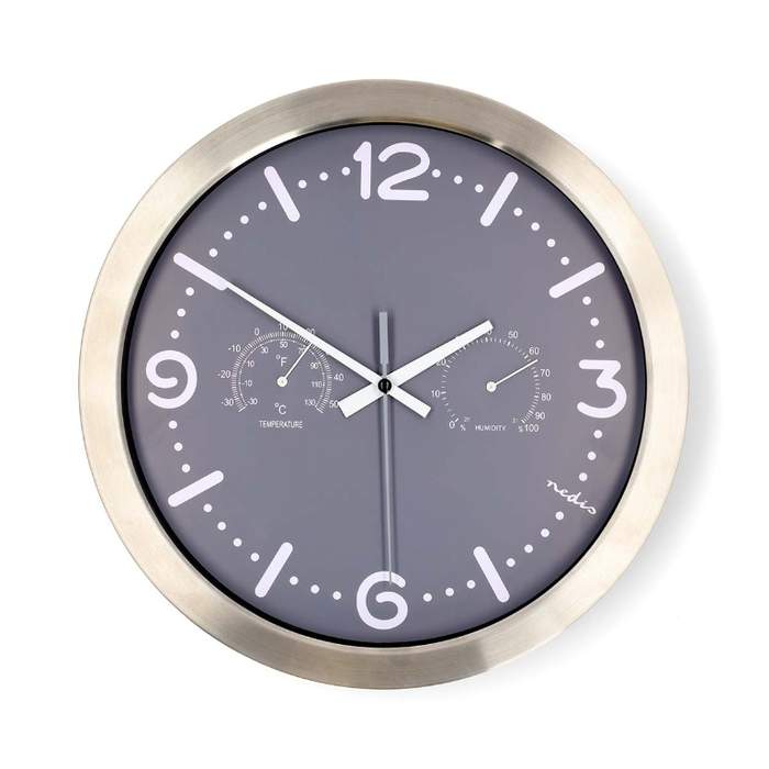 Quartz-wall-clock-30cm-thermometer-hygrometer-stainless-steel-frame-Nedis-1