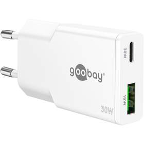 Incarcator retea Goobay, 1x USB-C PD 30W, 1x USB-A QC3.0 18W, GaN, cutie, alb